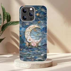 Capa para celular Oceano Celestial, Capa Estética Lua e Estrela para iPhone, Capa Azul Boho Onda, Capa Cósmica de Luxo para iPhone Samsung Pixel