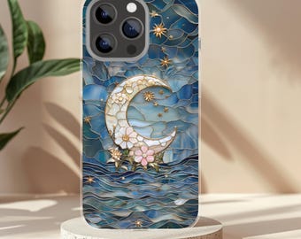 Celestial Ocean Phone Case, Moon Star Aesthetic iPhone Case, Blue Boho Wave Cover, Luxury Cosmic Case for iPhone Samsung Pixel