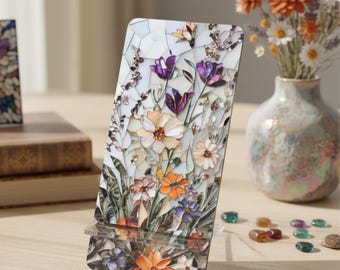 Wildflower Mosaic Phone Stand: Botanical Floral Print | Boho Flower Desk Holder | Nature-Inspired Gift