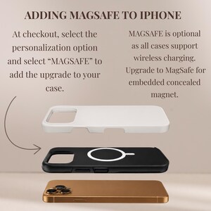 May include: A white phone case, a black phone case with a white MagSafe ring graphic, and a gold smartphone are stacked vertically. Text reads: ADDING MAGSAFE TO IPHONE. At checkout, select the personalization option and select MAGSAFE to add the upgrade to your case. MAGSAFE is optional as all cases support wireless charging. Upgrade to MagSafe for embedded concealed magnet.
