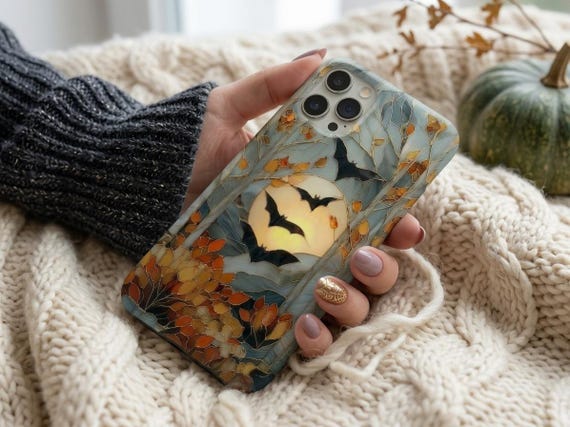 Halloween Bat Moon Phone Case, Stained Glass iPhone Samsung Pixel Cover, Gothic Fall Gift