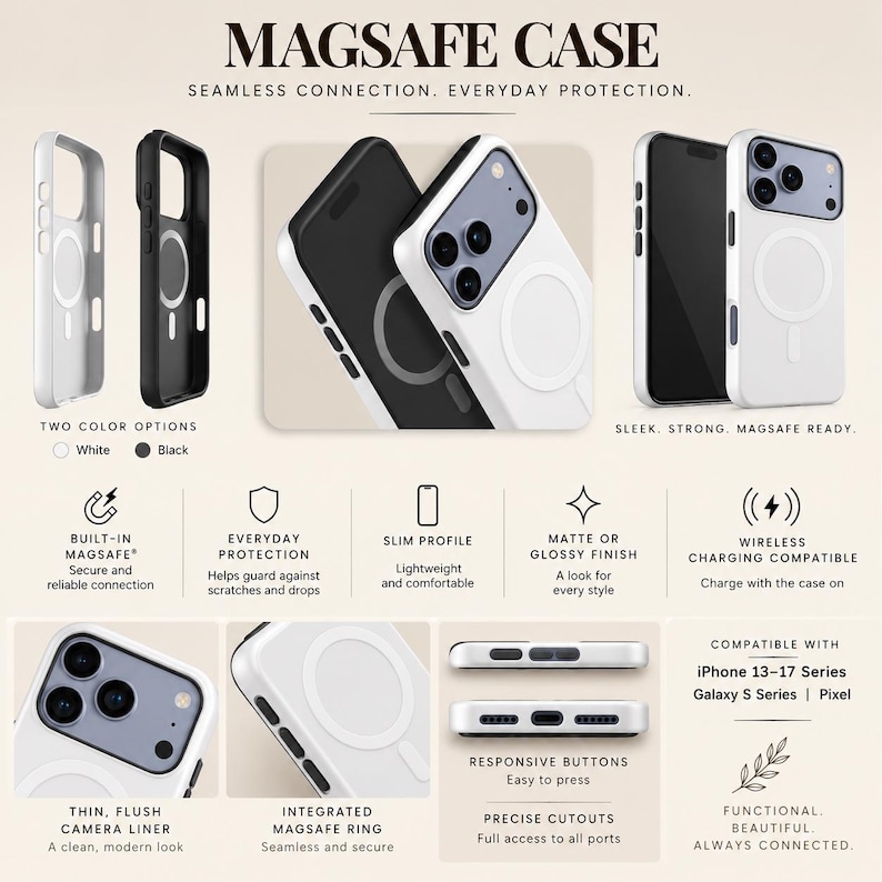 Puede incluir: Una funda de tel&eacute;fono MagSafe disponible en blanco o negro, con un perfil delgado, anillo magn&eacute;tico integrado y recortes precisos para puertos y botones. La funda es compatible con carga inal&aacute;mbrica y ofrece protecci&oacute;n para la c&aacute;mara del m&oacute;vil.