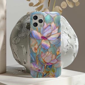 Lotus Flower MagSafe iPhone Case | Stained Glass Floral Phone Case | Luxury Aqua Gold Aesthetic Case | Protective iPhone 17 16 15 14 13