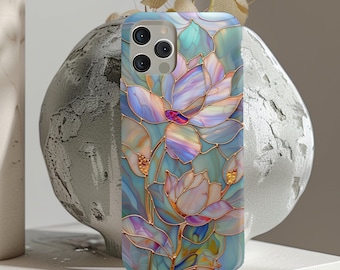Lotus Flower MagSafe iPhone Case | Stained Glass Floral Phone Case | Luxury Aqua Gold Aesthetic Case | Protective iPhone 17 16 15 14 13