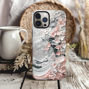 チェリーブロッサム スマホケース、グレー＆ブラッシュピンクデザイン、iPhone 16、iPhone 15 カバー、Samsung S25、Pixel 9 Pro XL ケース