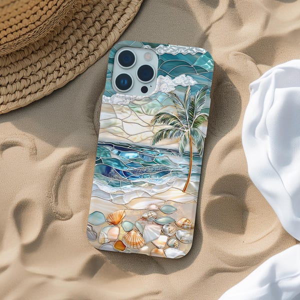 Ocean Wave Case, Coastal Palm Tree Stained Glass Pearl, iPhone 18 Galaxy 26 Pixel