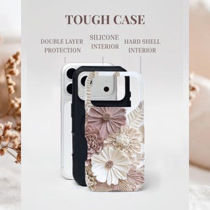 May include: A tough phone case featuring a floral design with layered petals in shades of cream, beige, and dusty rose. The text TOUGH CASE, DOUBLE LAYER PROTECTION, SILICONE INTERIOR, and HARD SHELL INTERIOR is visible above the phone case layers.