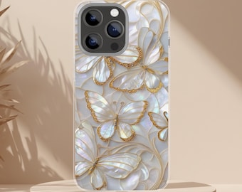 May include: A smartphone case featuring a white iridescent butterfly pattern with gold-colored outlines. The design displays multiple butterflies with pearlescent wings and delicate gold filigree details across the entire surface of the case.