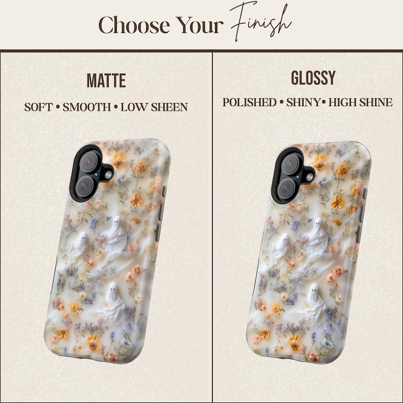 Puede incluir: Una comparaci&oacute;n de dos fundas para tel&eacute;fono con fondo blanco, peque&ntilde;as flores amarillas y azules y figuras de fantasmas blancas. El lado izquierdo est&aacute; etiquetado como Matte con el texto Soft, Smooth, Low Sheen. El lado derecho est&aacute; etiquetado como Glossy con el texto Polished, Shiny, High Shine. El encabezado dice Choose Your Finish.