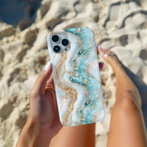 Blue Marble Agate iPhone Magsafe Case • Gold Geode Crystal Printed Case • Boho Chic Galaxy Pixel Cover • Elegant Turquoise Gift