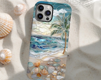 Ocean Waves Magsafe Phone Case | Beach Palm Tree iPhone 16 15 14 13 Pro Max Mini | Coastal Stained Glass Look | Gift for Beach Lover