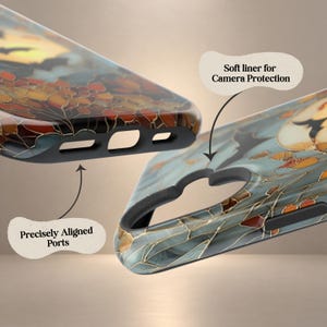 May include: A phone case featuring a multi-colored abstract pattern with gold-toned lines. The case has precisely aligned ports and a soft liner for camera protection, as indicated by the text labels pointing to these specific product features.