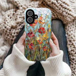 Stained Glass Poppy Phone Case, Red Floral Botanical iPhone Galaxy Cover, Artistic Wildflower Design, Nature Inspired Case