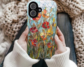 Stained Glass Poppy Phone Case, Red Floral Botanical iPhone Galaxy Cover, Artistic Wildflower Design, Nature Inspired Case