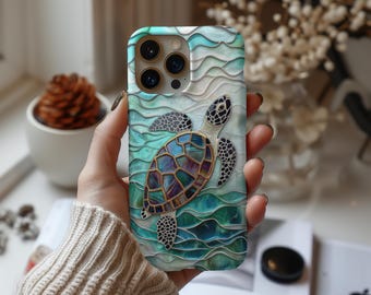 Sea Turtle Phone Case | Stained Glass Ocean Design | iPhone Cover For Beach Lovers | Samsung s24 s23 s22, Plus Ultra, Pixel