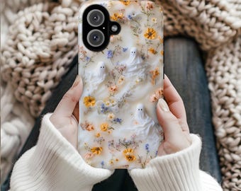 Ghost and Flowers Phone Case | Pastel Goth iPhone 17 16 15 Pro Max, Galaxy Pixel | Cute Spooky Halloween Gift