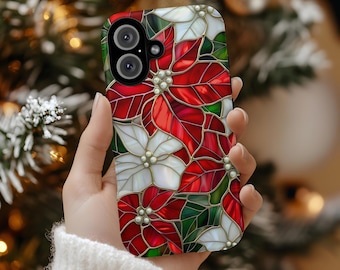 Poinsettia Christmas Phone Case, Stained Glass Floral iPhone Case, Red Holiday Aesthetic Cover, Winter Gift for iPhone Samsung Pixel