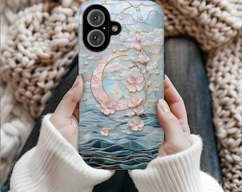 Celestial Moon Floral Phone Case, Aesthetic Star iPhone Case, Blue Boho Cosmic Flower Cover, Luxury Case for iPhone Samsung Pixel