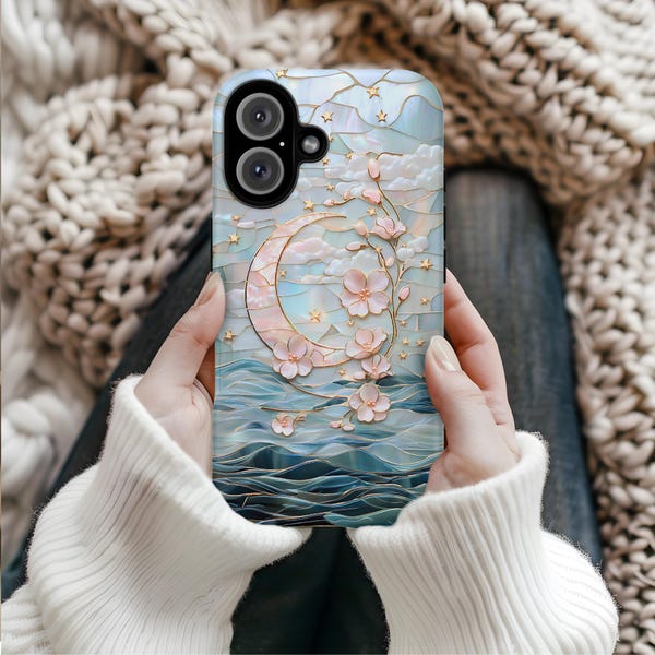 Funda para teléfono Celestial Moon Floral, funda estética para iPhone con estrellas, funda azul estilo boho con flores cósmicas, funda de lujo para iPhone y Samsung Pixel.