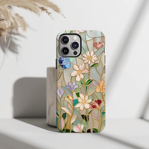 Wildflower Stained Glass Effect Phone Case | Rose Gold Pastel Floral Cover for iPhone 16 15 14 13 Pro Max Mini | Magsafe Case