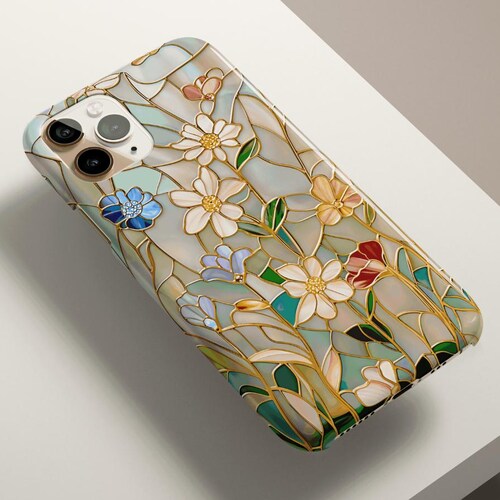 Floral Stained Glass Effect iPhone 16 Pro Plus  | Rose Gold and Pastel Colored Wildflowers | Galaxy S25, Pixel 9 | Botanical Gift