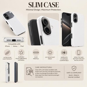 Puede incluir: Una funda de tel&eacute;fono blanca y delgada con recorte para c&aacute;mara dual, compatible con iPhone, Galaxy y Pixel. Tiene un dise&ntilde;o abierto en la parte superior e inferior, est&aacute; hecha de policarbonato duradero y permite la carga inal&aacute;mbrica. Incluye cuidados.