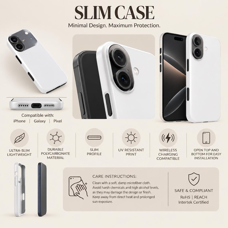 Puede incluir: Una funda de tel&eacute;fono blanca y delgada con recorte para c&aacute;mara dual, compatible con iPhone, Galaxy y Pixel. Tiene un dise&ntilde;o abierto en la parte superior e inferior, est&aacute; hecha de policarbonato duradero y permite la carga inal&aacute;mbrica. Incluye cuidados.