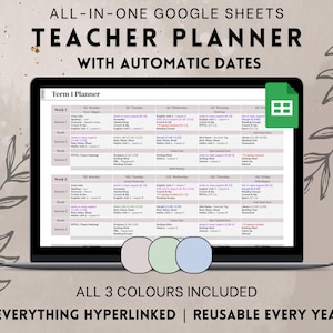 Teacher Digital Planner Bundle for Google Sheets – 3 Colours, Reusable Template, Automatic Dates