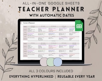 Teacher Digital Planner Bundle for Google Sheets – 3 Colours, Reusable Template, Automatic Dates