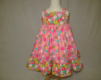 Size 4 Girls Polka Dots and Flowers Sundress with Knot Straps