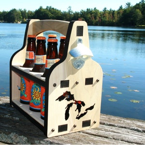 Wooden Beer Carrier Tote 6 Pack Holder Great Lakes Bottle Caddy Perfect Beer Holder Gift