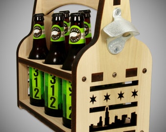 Wood Beer Caddy - Chicago Skyline