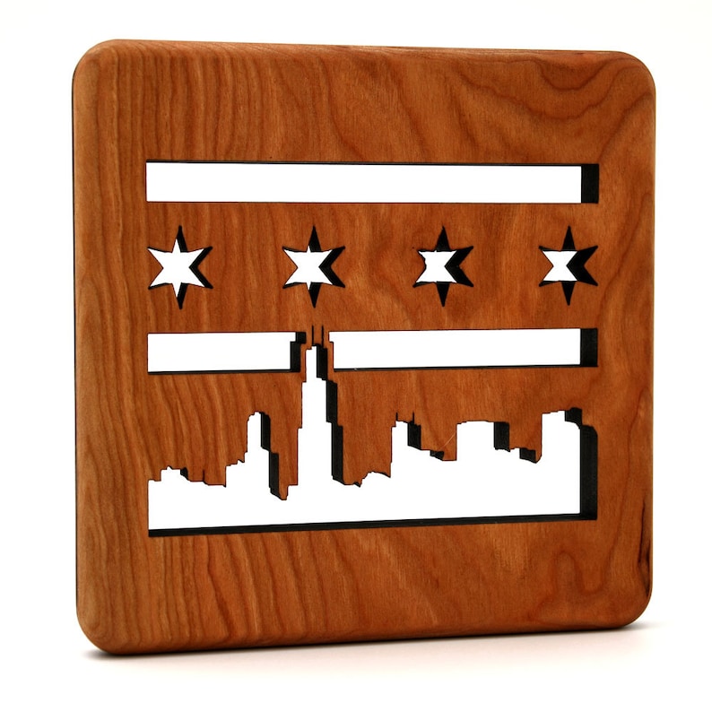 Chicago Flag Cherry Wood Trivet