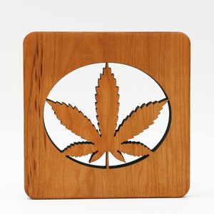 Handcrafted Cherry Wood Trivet: Cannabis Leaf Hot Plate Holder