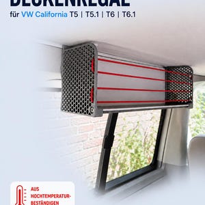 Deckenregal für VW California T5, T5.1, T6 und T6.1, montiert an der Dachschiene im Camper. Graues Ablageregal mit roten Gummibändern, HPL-Boden und temperaturbeständigen ASA-Seitenteilen für zusätzlichen Stauraum.