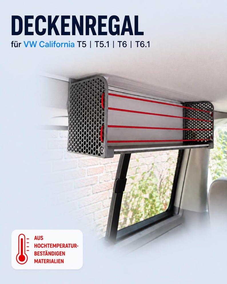 Deckenregal für VW California T5, T5.1, T6 und T6.1, montiert an der Dachschiene im Camper. Graues Ablageregal mit roten Gummibändern, HPL-Boden und temperaturbeständigen ASA-Seitenteilen für zusätzlichen Stauraum.