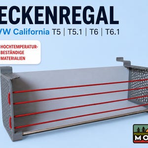 Graues Deckenregal für VW California T5, T5.1, T6 und T6.1 mit roten Sicherungsbändern, gefertigt aus hochtemperaturbeständigen Materialien für zusätzlichen Stauraum im Bulli.