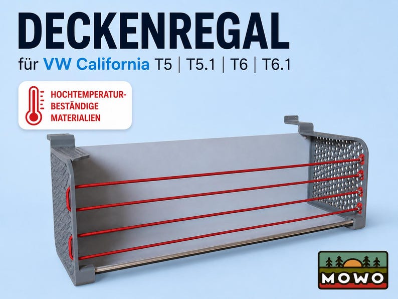 Graues Deckenregal für VW California T5, T5.1, T6 und T6.1 mit roten Sicherungsbändern, gefertigt aus hochtemperaturbeständigen Materialien für zusätzlichen Stauraum im Bulli.