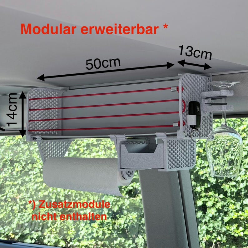 Deckenregal für VW Bus California T5 T6 in marmorfarben mit roten Spannbändern – modular erweiterbares Vanlife Regal mit Küchenrollenhalter, Schubladenmodul, Weinglashalter und Schlüsselhalter