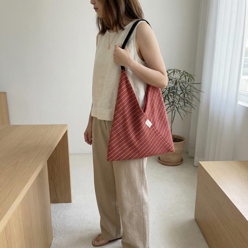 Puede incluir: Un bolso tote a rayas rojas y amarillas con una correa negra. El bolso lo lleva una persona que viste una camiseta sin mangas blanca y pantalones beiges. El bolso tiene una peque&ntilde;a etiqueta blanca en la parte delantera.
