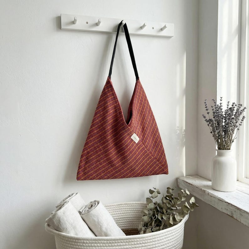 Puede incluir: Un bolso tote triangular grande con un patr&oacute;n de rayas rojas y amarillas cuelga de un gancho blanco en la pared. El bolso tiene correas negras y una peque&ntilde;a etiqueta blanca. Una cesta blanca contiene toallas enrolladas y un jarr&oacute;n de lavanda est&aacute; en un alf&eacute;izar.
