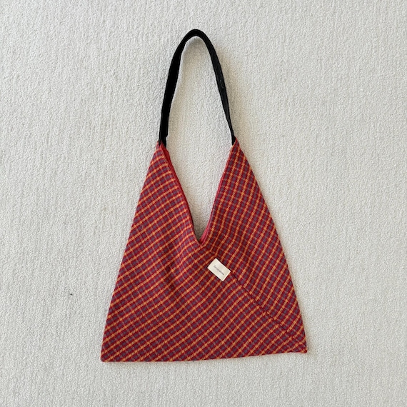 Origami Tote Bag Aesthetic Dumpling Bag Plaid Shoulder Purse Japanese Style Knot Bag Handbag for Student Minimalist Fashion Gift Red