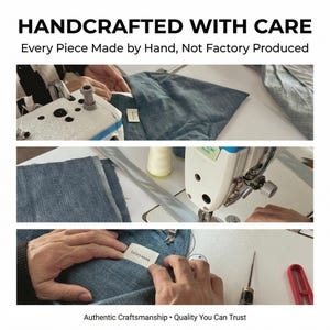 Puede incluir: Un tejido vaquero siendo cosido con una m&aacute;quina de coser. La imagen muestra el proceso de art&iacute;culos hechos a mano, con el texto "HANDCRAFTED WITH CARE" y "Every Piece Made by Hand, Not Factory Produced". La etiqueta dice "lovinyanna".