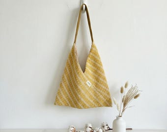 Origami tote bag cotton shoulder purse minimalist triangle handbag striped market shopper aesthetic book bag eco friendly gift for her