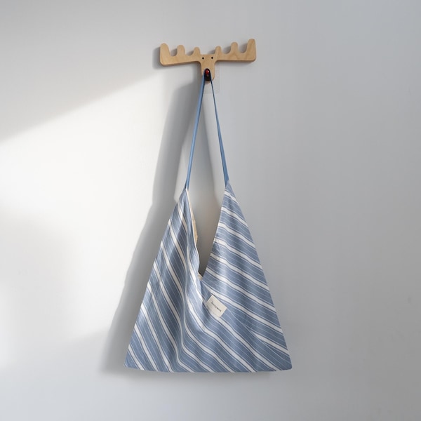 Triangle Tote Bag, Blue Striped Boat Tote, Slouchy Hobo Purse, Origami Weekender, Korean Fashion Cross Body, Hand Sewn Wedding Gift