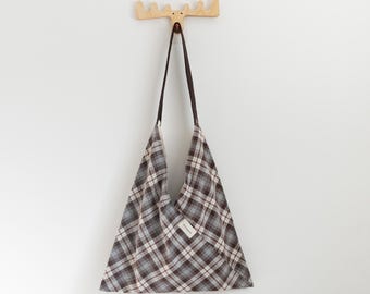 Slouchy Corduroy Tote Bag, Hobo Triangle Purse, Korean Fashion Weekender, Brown Plaid Handbag, Laptop Computer Carryall