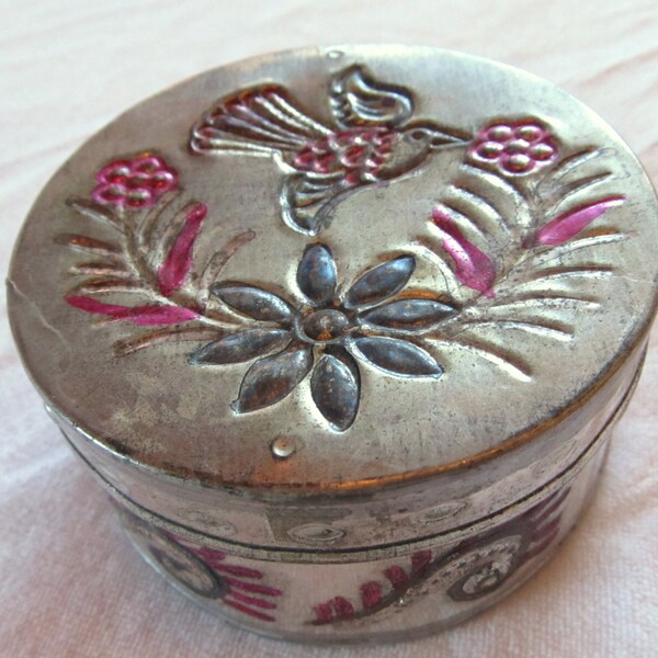 vintage MEXICAN FOLK ART trinket box --round-- for jewelry, keys, treasures