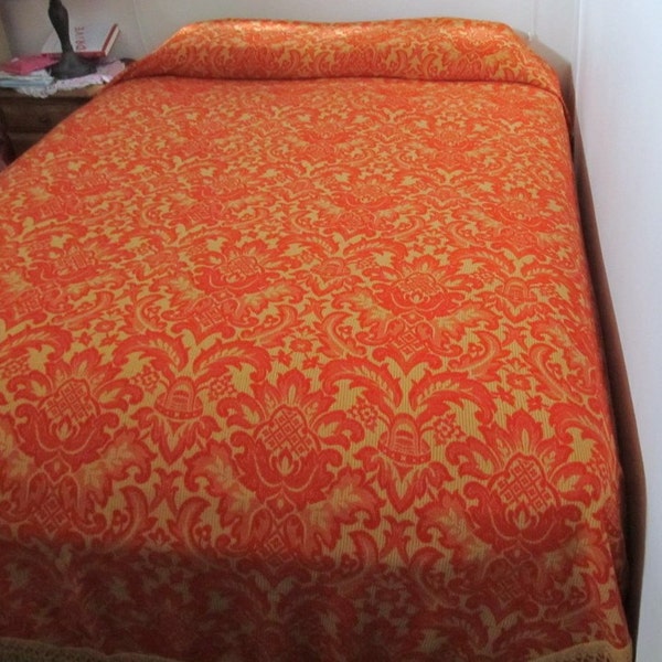 vintage JACQUARD DAMASK BEDSPREAD  - Bates-  --paprika on goldenrod-- (labeled twin size)