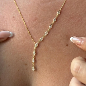 14k Gold Y Shape Drop Necklace | Dainty Teardrop Diamond Lariat Necklace | Handmade Gift for Her | Elegant Bridal Jewelry for Women