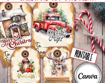 May include: A collection of 40 Christmas gift tag designs. The tags feature watercolor illustrations of a red truck, a house, a deer, and a lantern. Each tag has space to write "To" and "From". The word "Printable" is also visible.